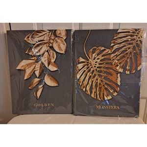 2 Boho Abstract Floral Canvas Picture Wall Art 15 1/2" Tall 11 1/2" Wide Gray